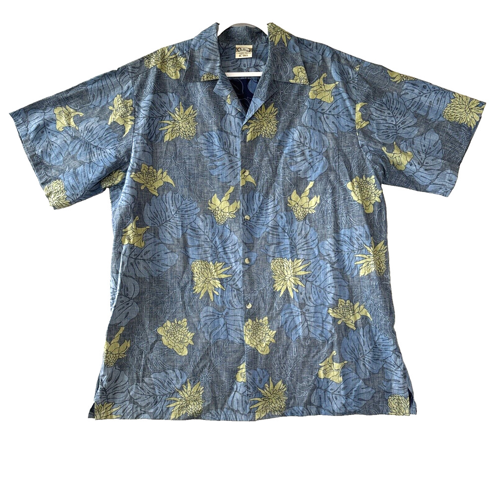 Go Barefoot Hawaiian Shirt Mens Short Sleeve XL Tall Reverse Print Blue Floral